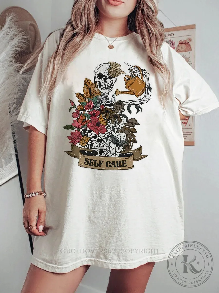 Self Care Skeleton Watering Flowers Vintage Style Graphic T-Shirt