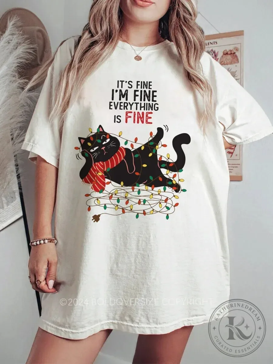 Funny Christmas Cat Tangled In Lights It's Fine I'm Fine Everything Is Fine T-Shirt