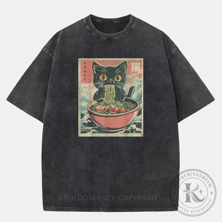 Vintage Japanese Cat Eating Ramen Washed T-Shirt