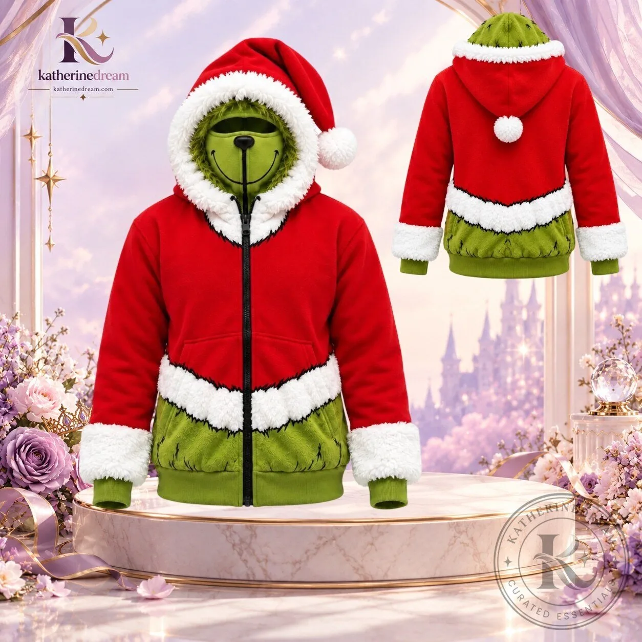 Grinch Santa Christmas Balaclava Hoodie – Full-Zip Jacket with Grinch Mask