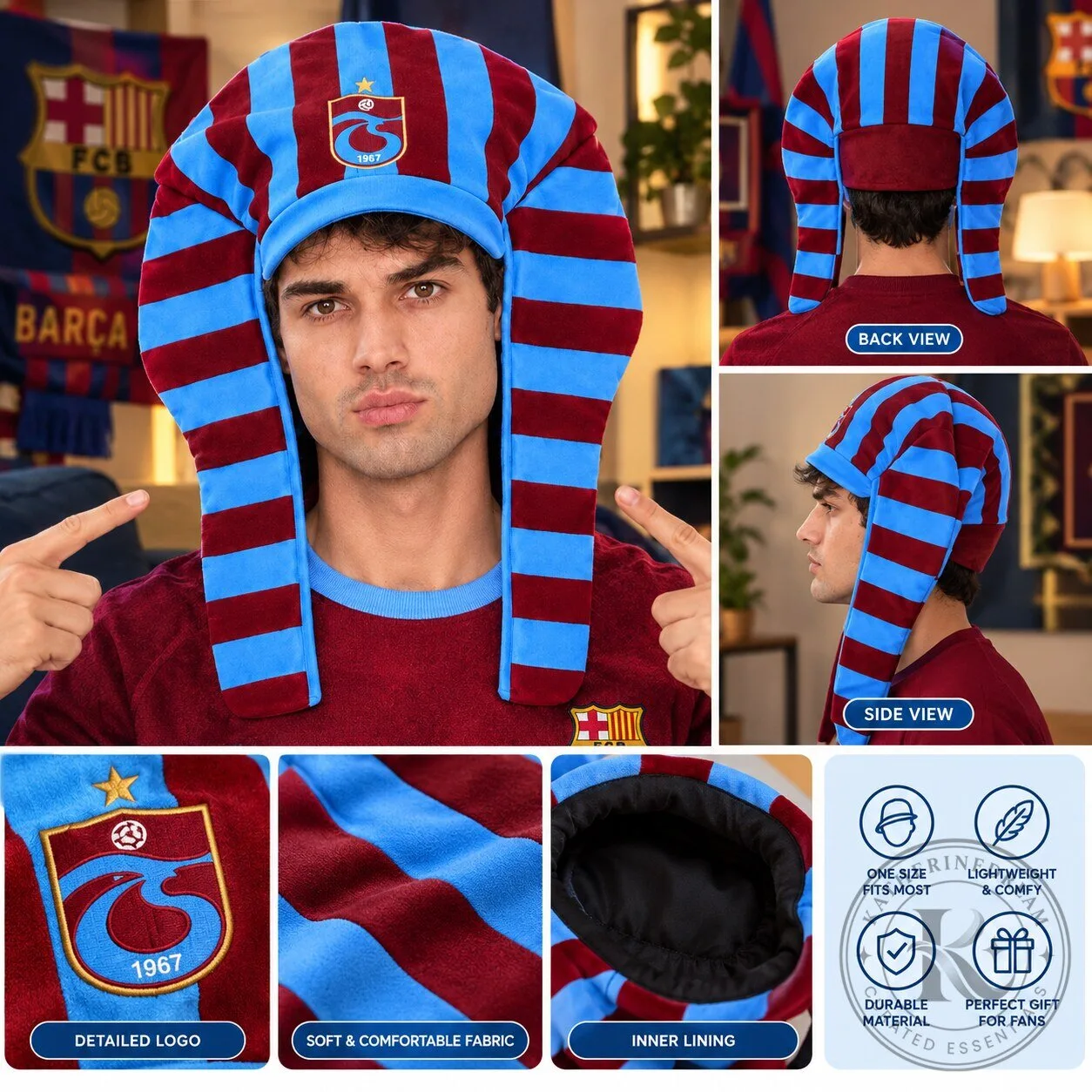 Trabzonspor Egyptian Pharaoh Hat – Blue and Burgundy Striped Football Fan Hat Special Edition 2026 9 Trabzonspor Egyptian Pharaoh Hat – Blue and Burgundy Striped Football Fan Hat Special Edition 2026