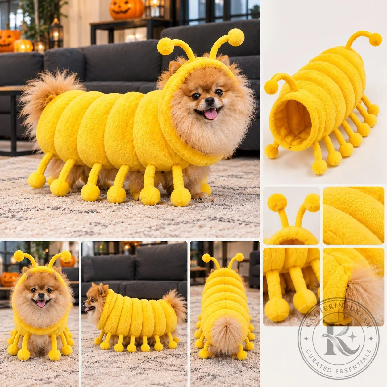 Funny Yellow Caterpillar Dog Costume – Plush Halloween Pet Outfit